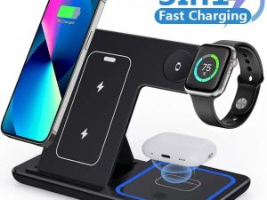 15W 3 In 1 LED Fast Wireless Charger Stand Foldable Charging Station For Smart Phone 15 14 13 12 11 IWatch 9 8 7 6 5 Airpods Pro